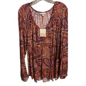 510 Knox Rose Boho Paisley Long Sleeve Blouse • V-Neck Flow Top